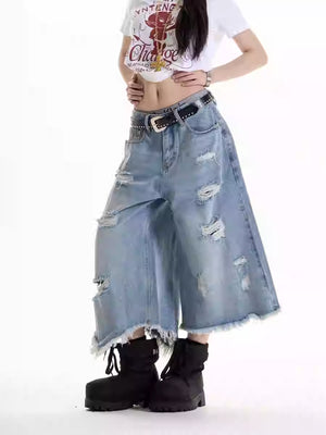 American Retro Ripped Design Cropped Pants For Women Blue