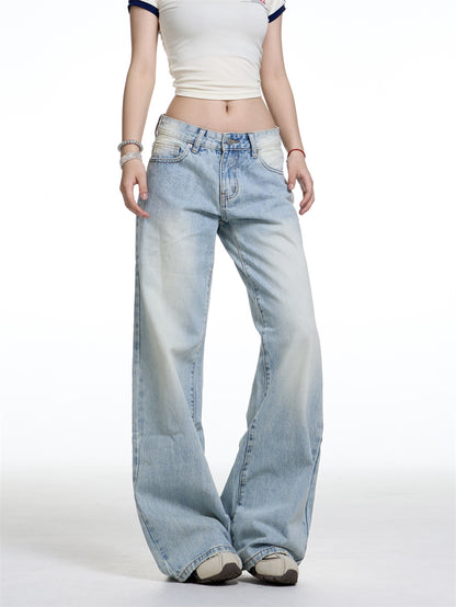 American Retro Washed Wide Leg Jeans For Women Light Blue