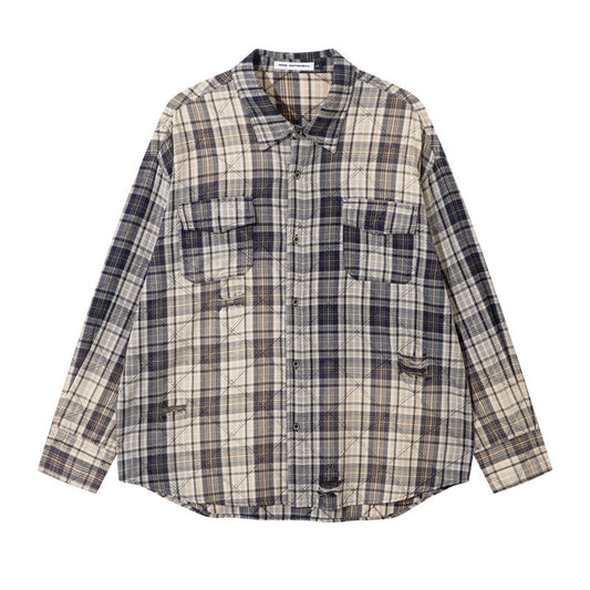 Dip-Dyed Washed Faded Plaid Shirt with Ripped For Men And Women | MuddyStock Originals Dark Blue MuddyStock