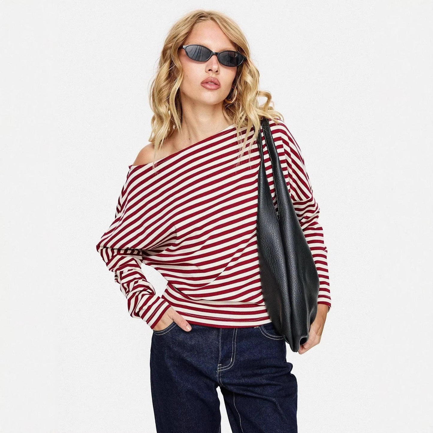 Women's Contrasting-Color Striped Slant-Neck Long-Sleeve Top