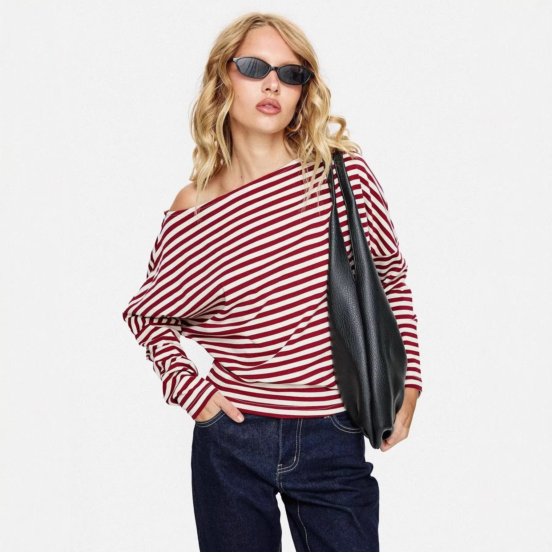 Women's Contrasting-Color Striped Slant-Neck Long-Sleeve Top