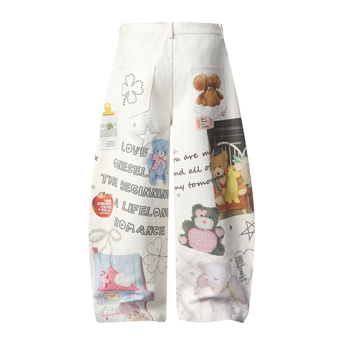 Cartoon Bear Doll Print Denim Wide Leg Jeans For Women | MuddyStock Originals