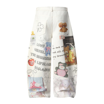 Cartoon Bear Doll Print Denim Wide Leg Jeans For Women | MuddyStock Originals