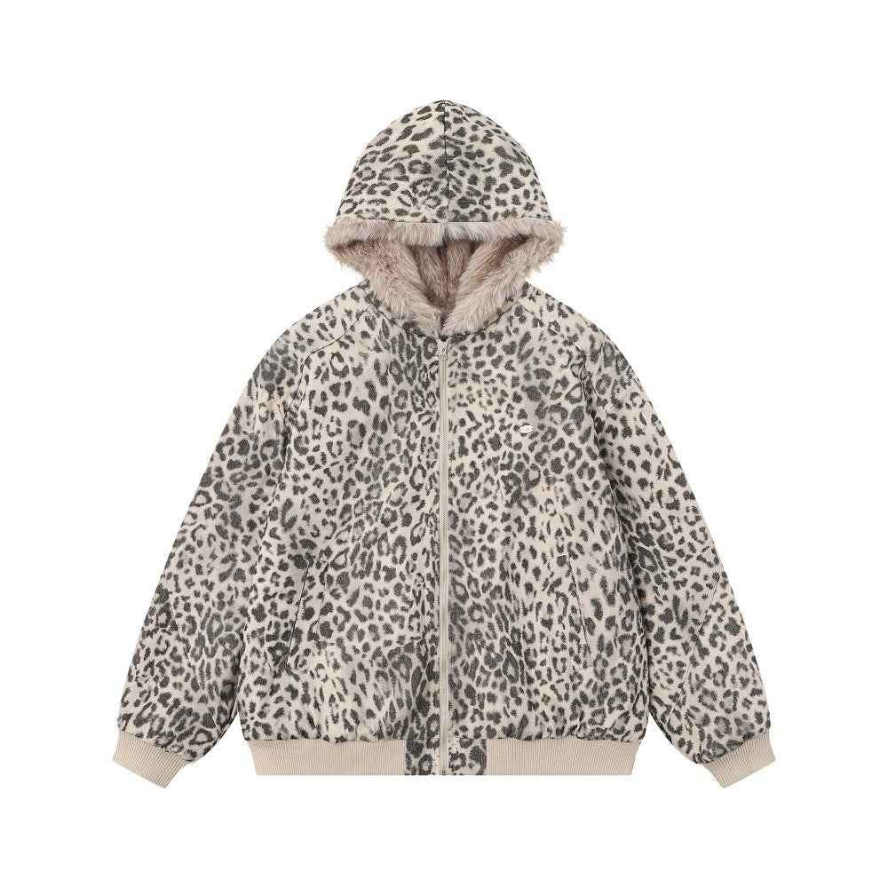 Wool collar hooded leopard print jacket for women | MuddyStock Originals Leopard color
