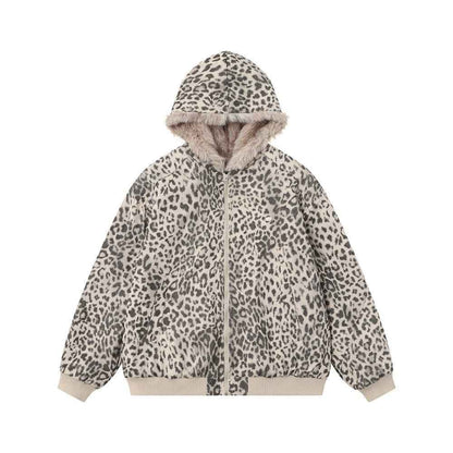 Wool collar hooded leopard print jacket for women | MuddyStock Originals Leopard color