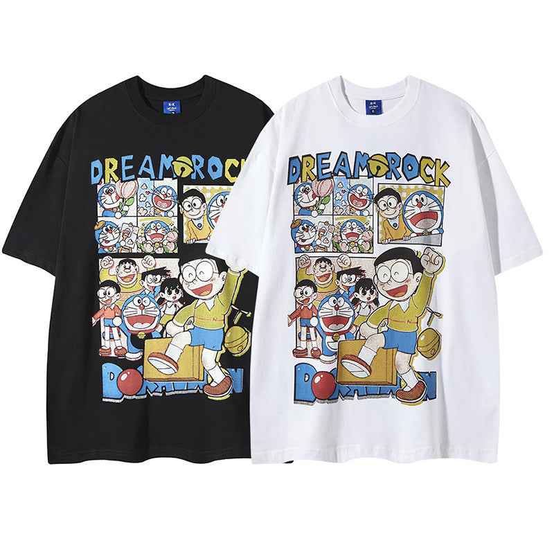 Retro Fun Doraemon Print Short Sleeve T-Shirt For Men And Women MuddyStock