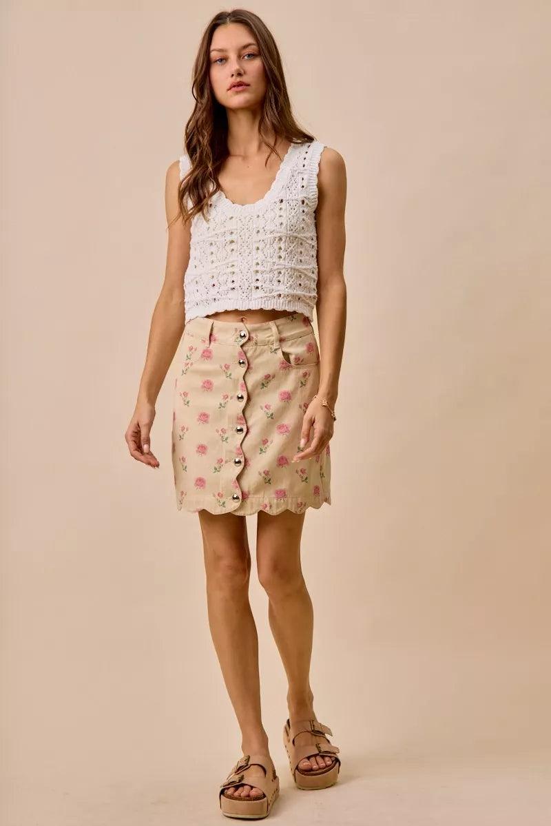 Floral Rose Print Cotton Twill Scallop Mini Skirt