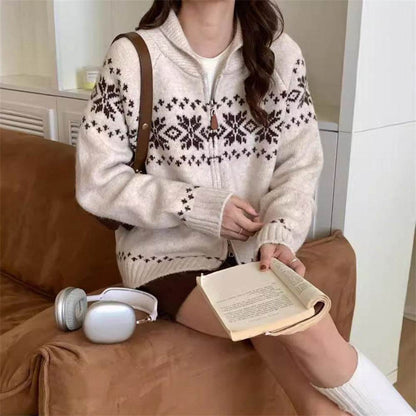 Retro Contrast Color Jacquard Weave Zip Sweater Women's Coat Beige Free Size MuddyStock