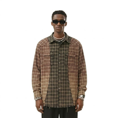 Color blocking checkered patchwork fringed shirt for men | MuddyStock Originals