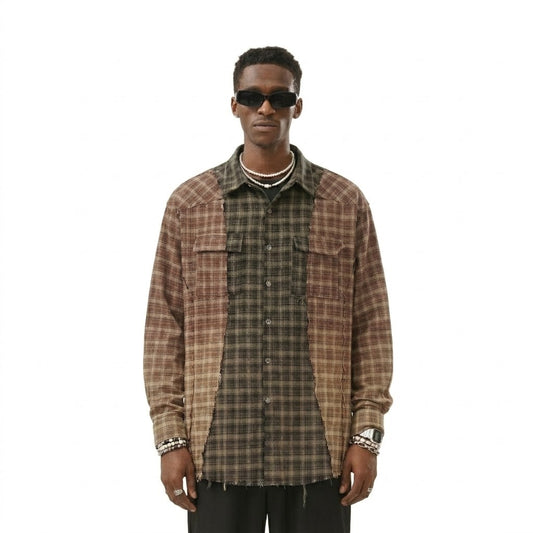 Color blocking checkered patchwork fringed shirt for men | MuddyStock Originals eprolo