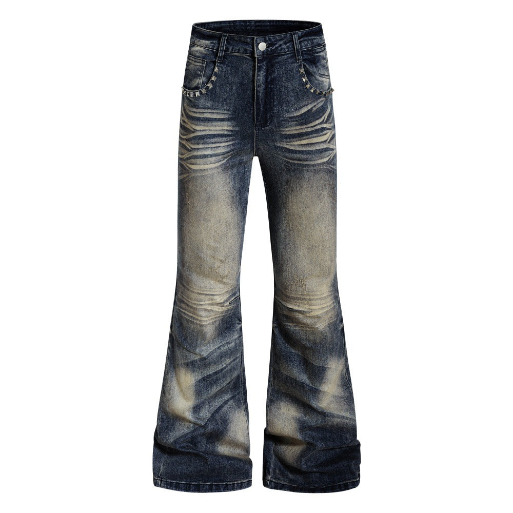 Color blocking white washed denim bell bottom pants