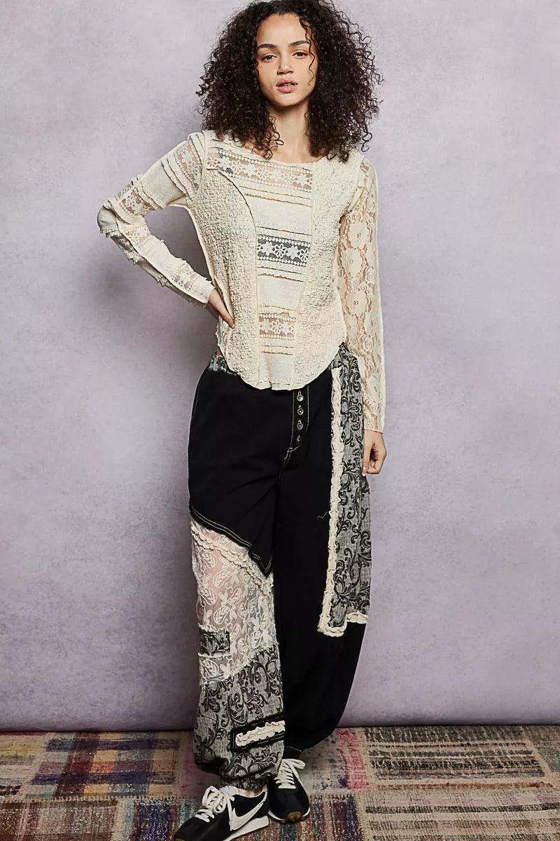 Round Neck Long Sleeve Top with Lace Detail