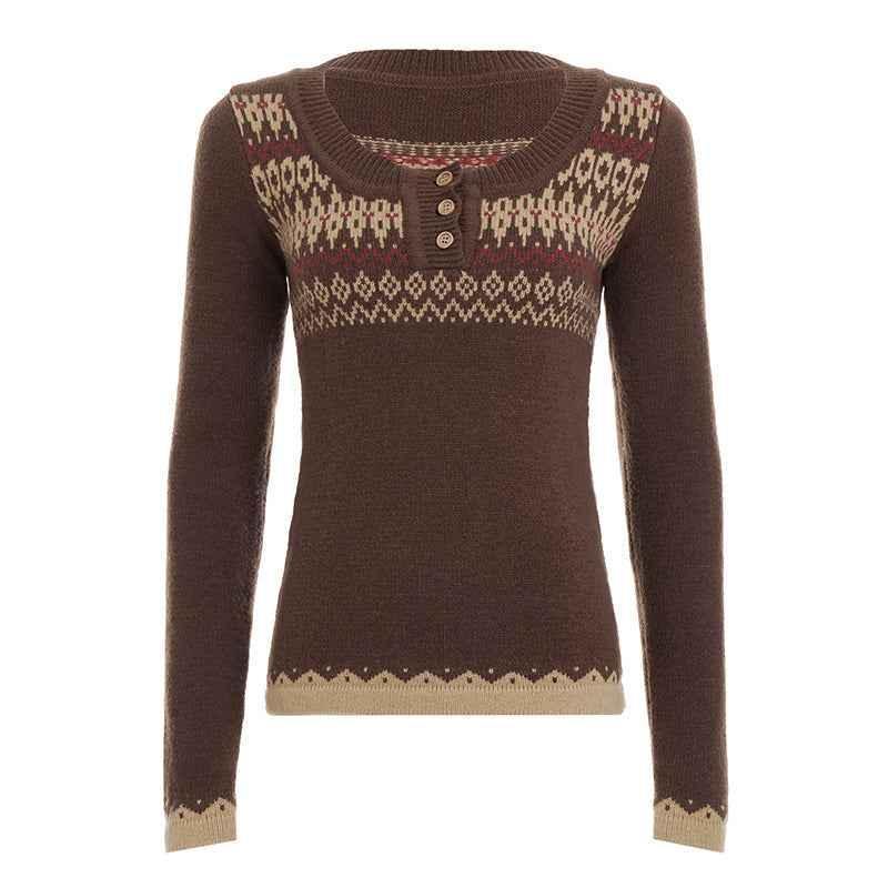 Vintage ethnic pattern U-neck sweater for women | MuddyStock Originals Brown