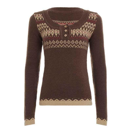 Vintage ethnic pattern U-neck sweater for women | MuddyStock Originals Brown