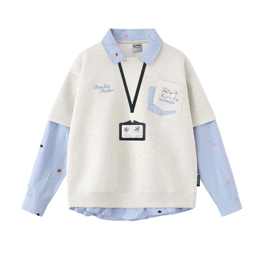 Kitten embroidered striped patchwork fake two-piece Shirt For Women | MuddyStock Originals Gray MuddyStock