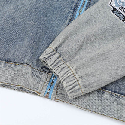 Men's Stitching Embroidered Letters Washed And Worn Zipper Denim Coat For Men And Women MuddyStock