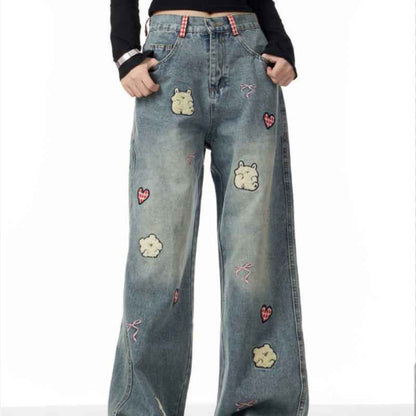 Lamb Embroidery Retro Straight-leg Pants For Women MuddyStock