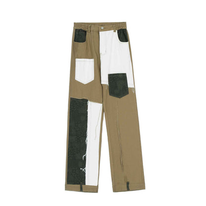 Street Contrast Stitching Straight Jeans For Men And Women Khaki MuddyStock