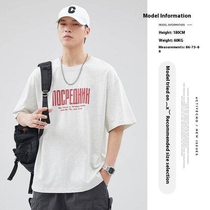 Letter Printed T-shirt Japanese Loose Cotton Half Sleeve T shirt Light Gray MuddyStock