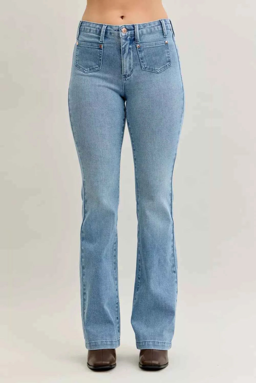 Judy Blue Full Size Mid Rise Bootcut Jeans with Contrast Wash & Front Patch Pockets For Women Trendsi