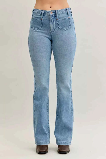 Judy Blue Full Size Mid Rise Bootcut Jeans with Contrast Wash & Front Patch Pockets For Women Trendsi