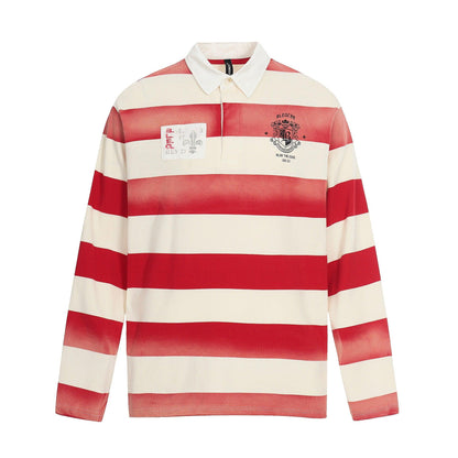 Distressed Printed Color-block Stripe Casual Loose Long Sleeve Polo T-shirt | MuddyStock Originals Red and white stripes