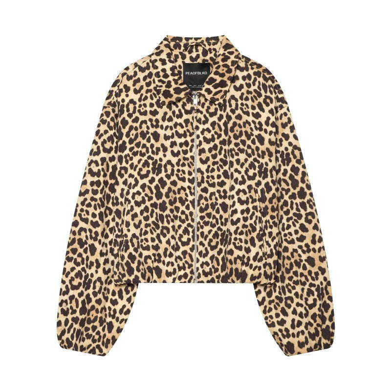 Womens Retro Lapel Zipper Short Jacket Top Leopard Print All Products