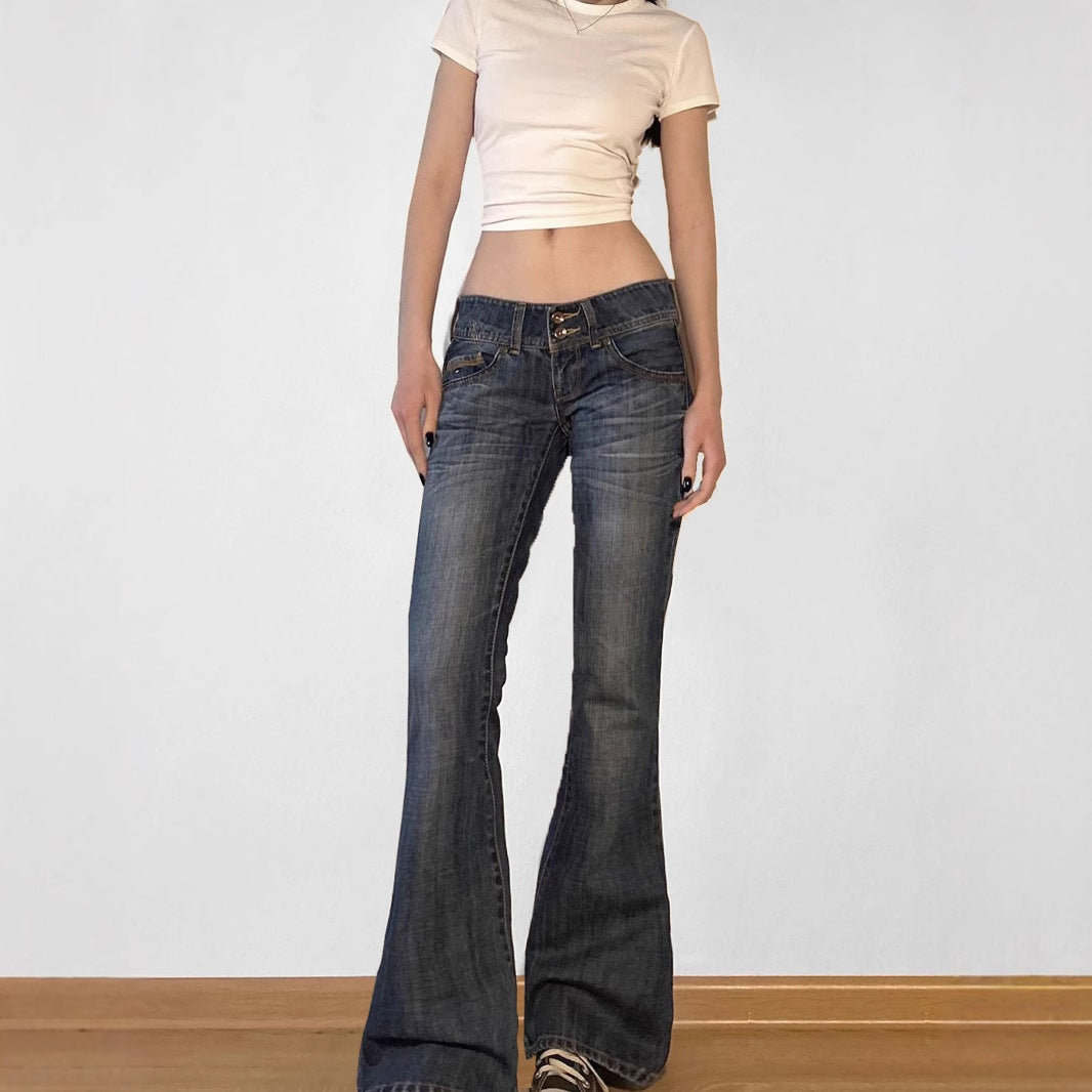 Street Style Faded Low Waist Skinny Flare Jeans Retro Slimming Hip-Lifting Casual Long Pants