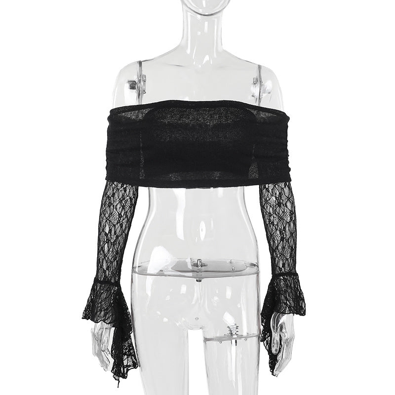 Lace Spliced Off-Shoulder Top for Women | MuddyStock Origials Black MuddyStock