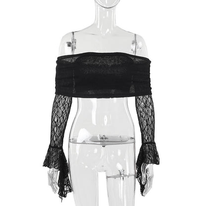 Lace Spliced Off-Shoulder Top for Women | MuddyStock Origials Black MuddyStock