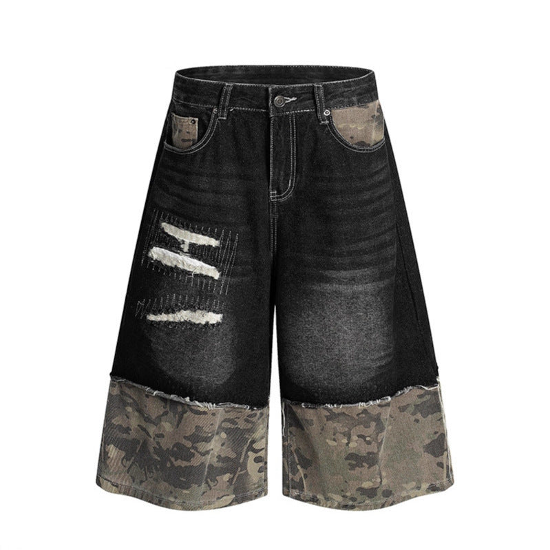 Camouflage patchwork denim shorts