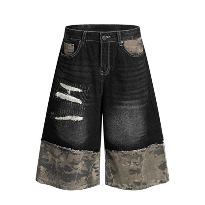 Camouflage patchwork denim shorts