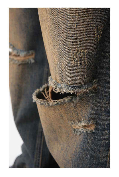 Men's Retro Distressed Rust Earthy Hole Raw Hem Jeans MuddyStock