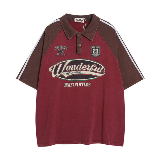 Retro Short Sleeve Loose Polo Shirt Men's Letters