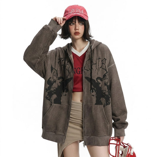 Goth Angel Dark Print Zipper Hoodie for Women | MuddyStock Originals eprolo