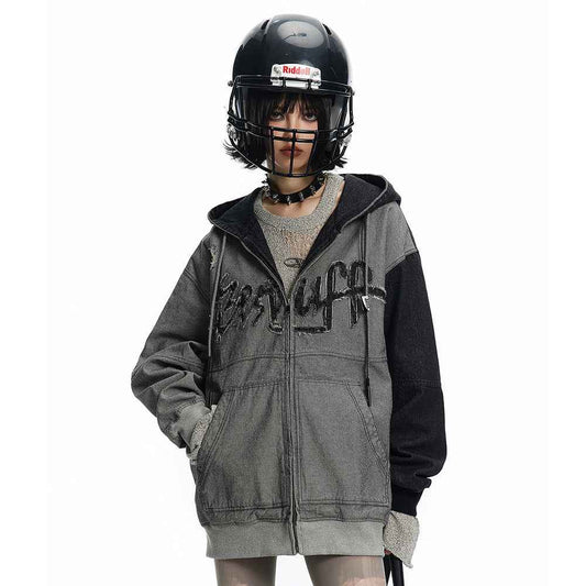 Irregular Stitching Hooded Denim Jacket For Women MuddyStock