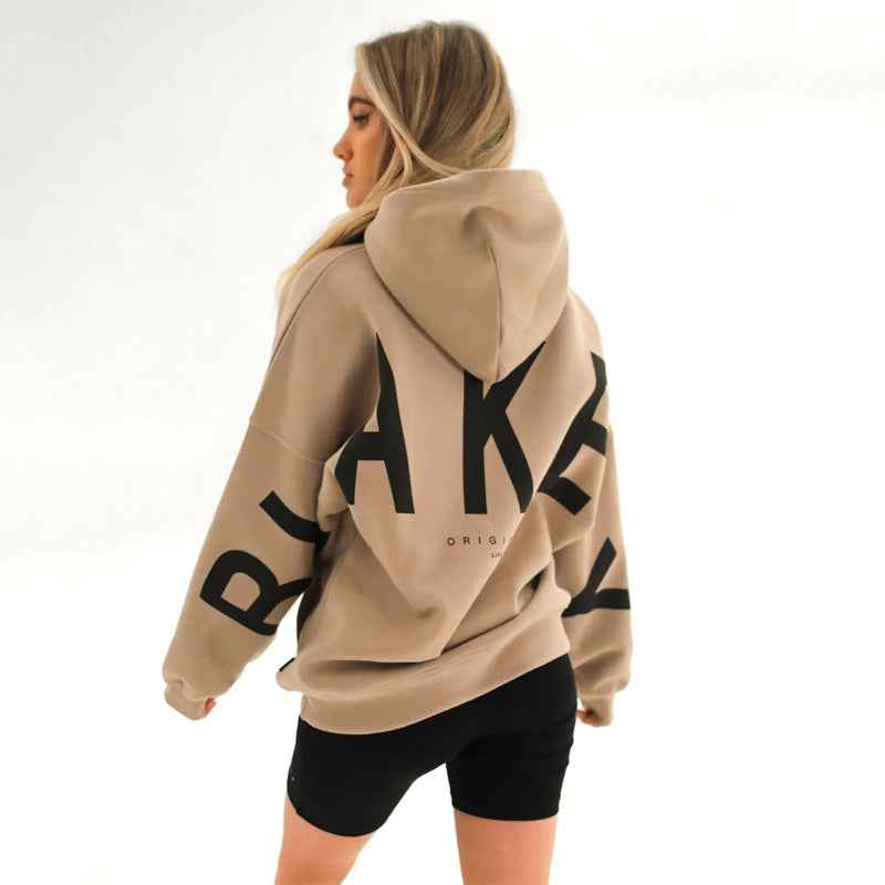 Women's Fashion Printed Thickening Long Sleeve Loose Hooded Sweater Khaki MuddyStock