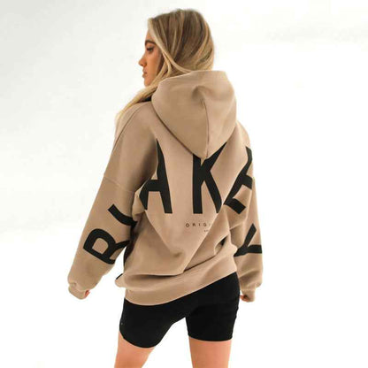 Women's Fashion Printed Thickening Long Sleeve Loose Hooded Sweater Khaki MuddyStock
