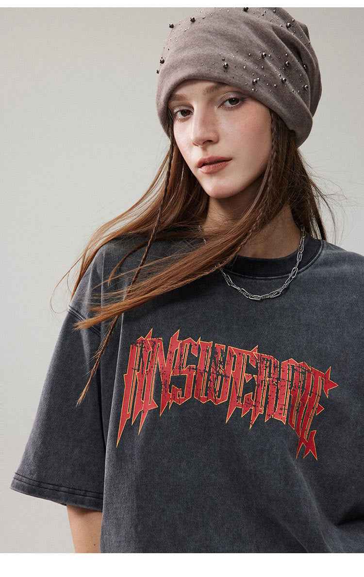 Summer Retro Worn Looking Washed-out Letter Print Short-sleeve T-shirt For Women MuddyStock