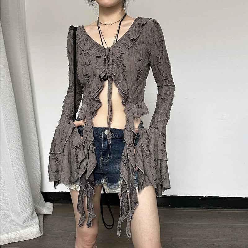 Ruffled V-neck Cropped Top For Women
