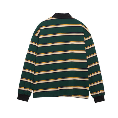College style badge embroidered lapel polo shirt striped base shirt
