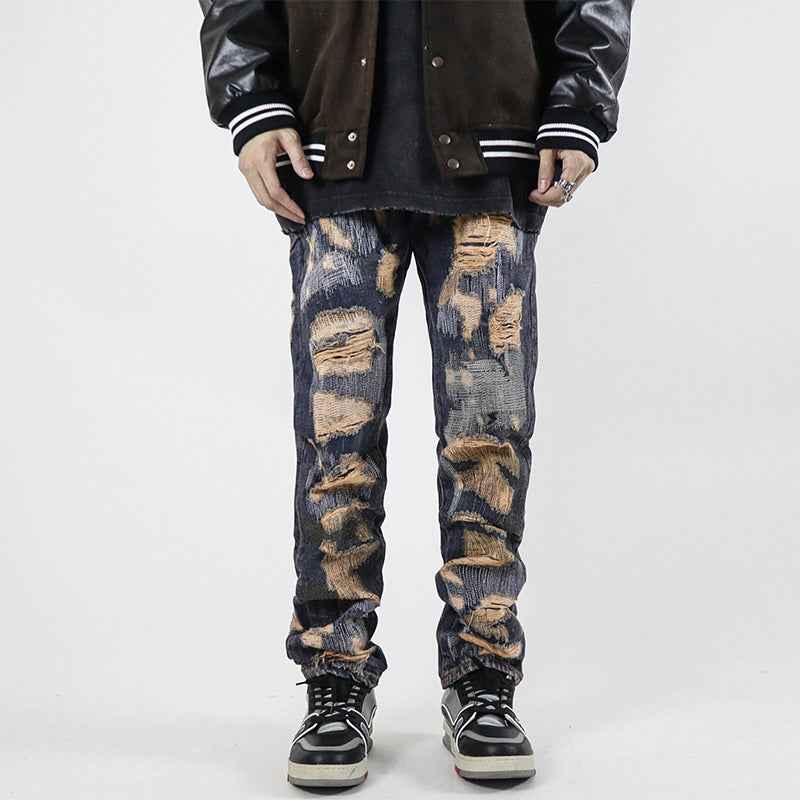 High Street Retro Washed Straight Hole Blasted Street Jeans For Men Blue