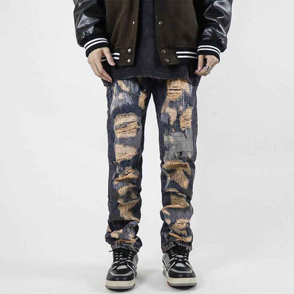 High Street Retro Washed Straight Hole Blasted Street Jeans For Men Blue