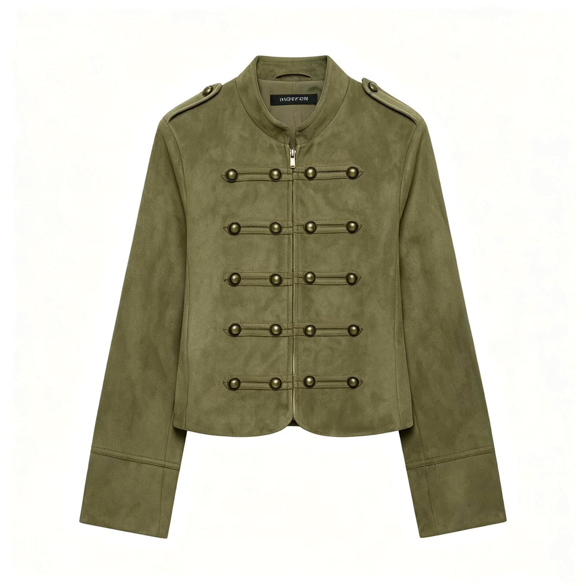 Punk Court Style Double-Breasted Metal Decorated Napoleon Collar Padded Shoulder Jacket Army Green