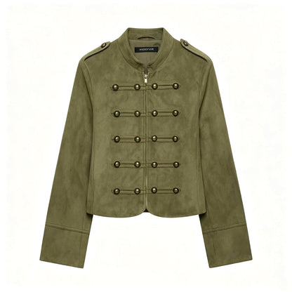 Punk Court Style Double-Breasted Metal Decorated Napoleon Collar Padded Shoulder Jacket Army Green
