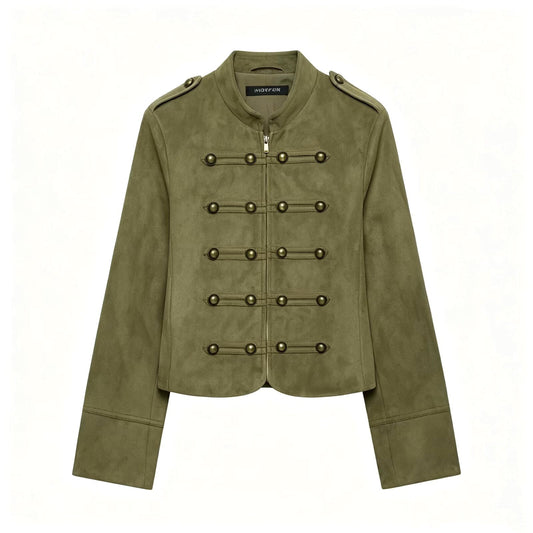 Punk Court Style Double-Breasted Metal Decorated Napoleon Collar Padded Shoulder Jacket Army Green