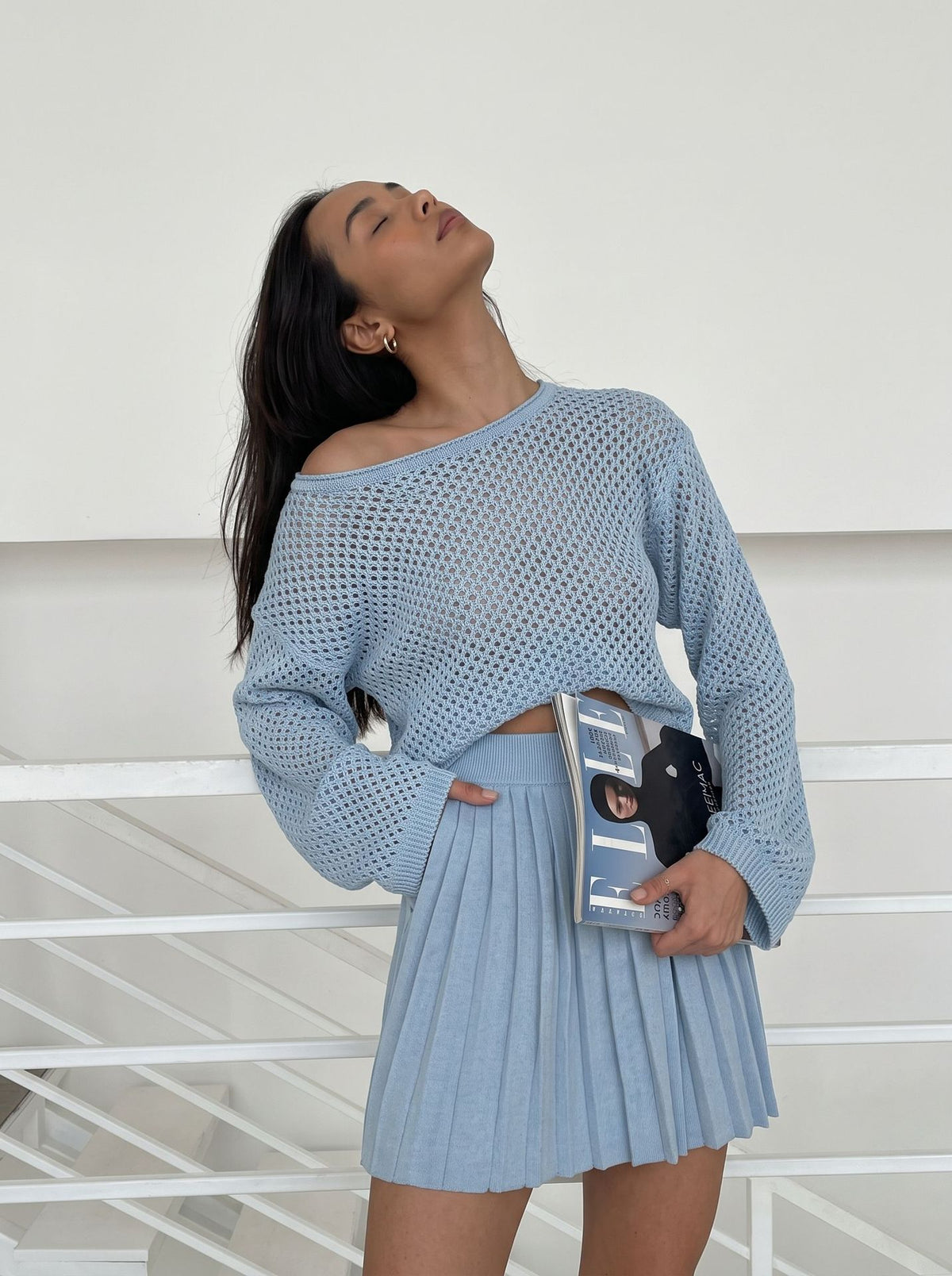 Hollow-out Knit Two-Piece Set Women Relaxed Sweater Pleated Mini Skirt 26119-Blue