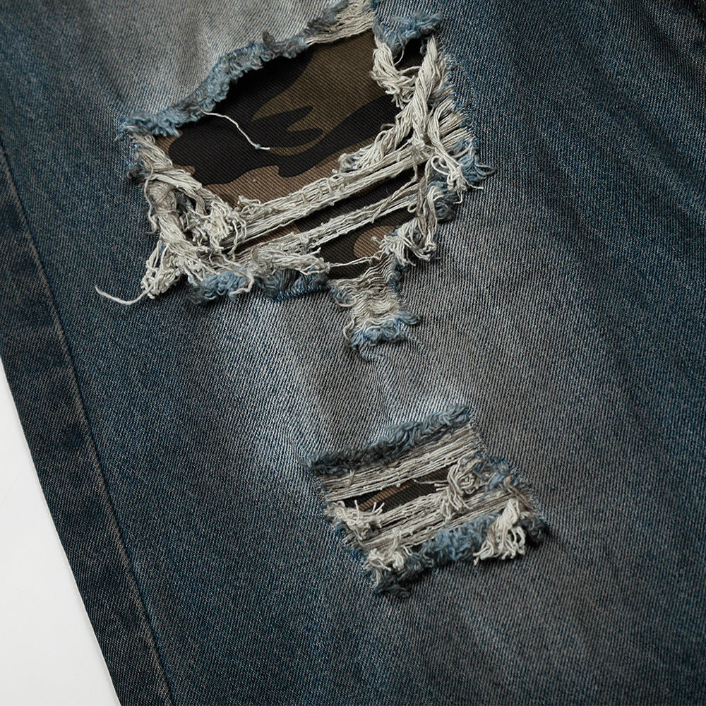 Make old distressed camouflage patch straight leg jeans for men | MuddyStock Originals