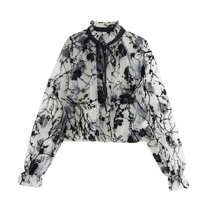 Lace collar printed long sleeved top for women | MuddyStock Originals Picture Color MuddyStock