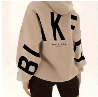 Women's Fashion Printed Thickening Long Sleeve Loose Hooded Sweater Light khaki black print MuddyStock